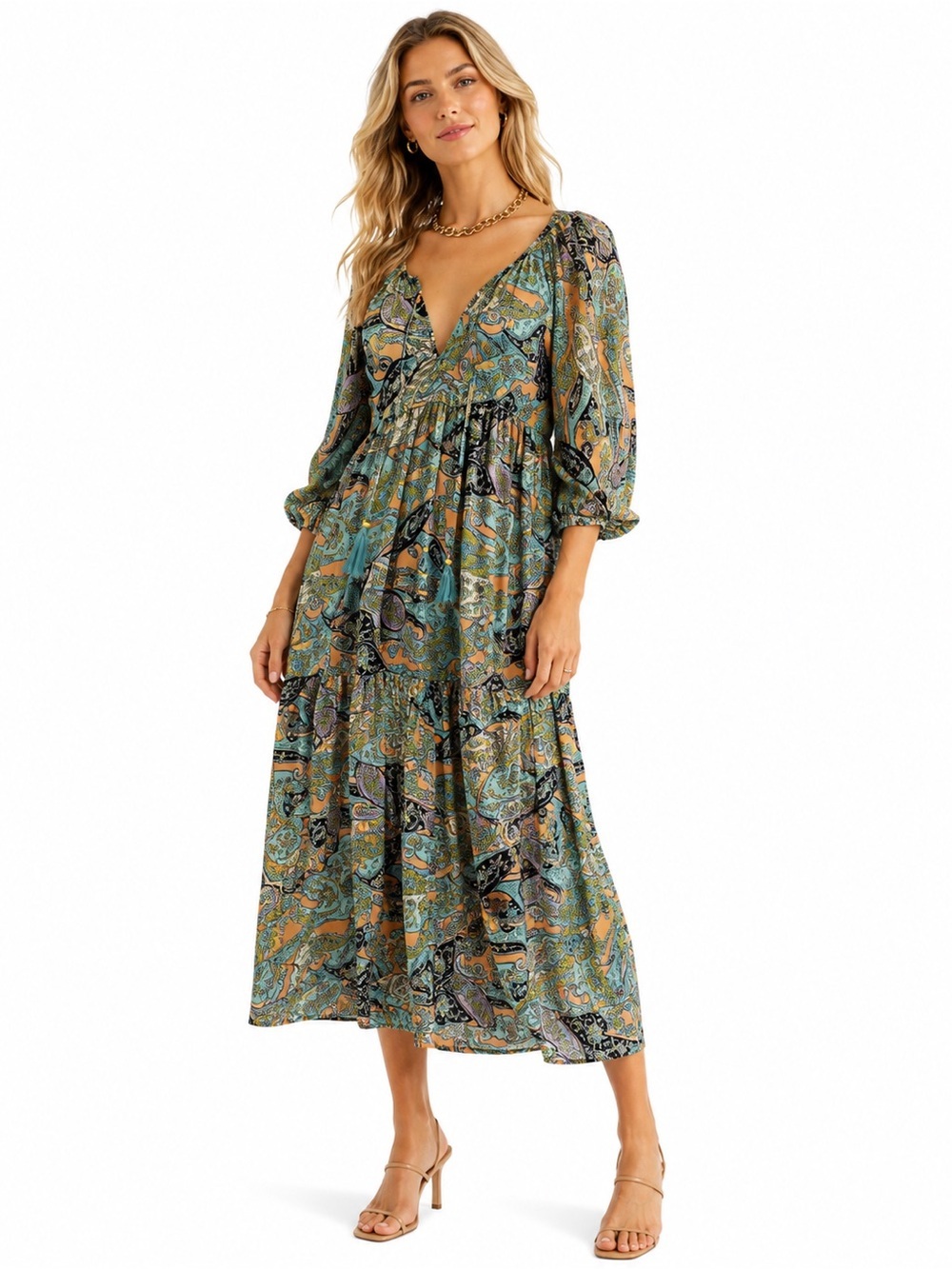 Lemonwood paisley print silk blend tiered maxi dress size S/M